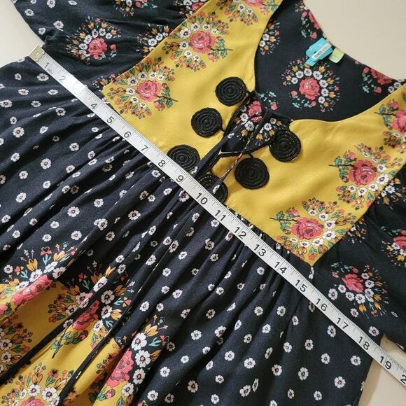 Farm Rio Intarsia Yellow and Black Floral Boho Long Sleeve Peasant Blouse - Picture 5 of 16